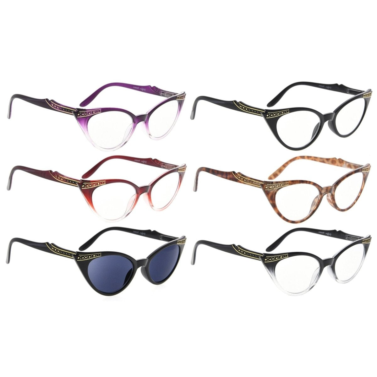 6 Pack Cat - eye Reading Glasses Include Sunshine Readers R914 - Gr8sight
