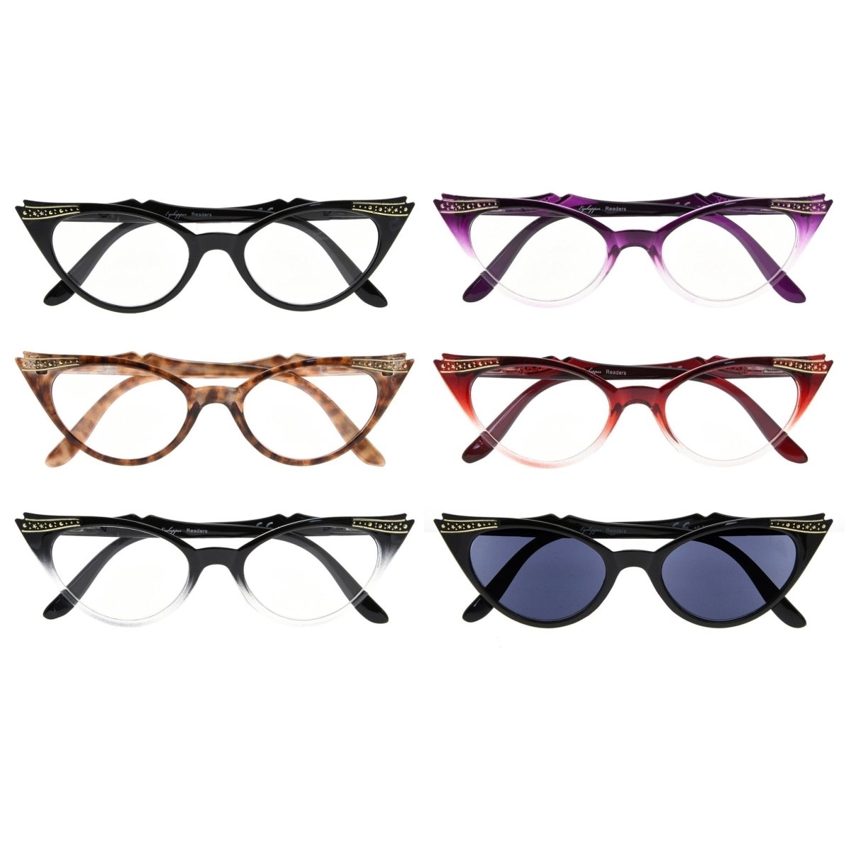 6 Pack Cat - eye Reading Glasses Include Sunshine Readers R914 - Gr8sight